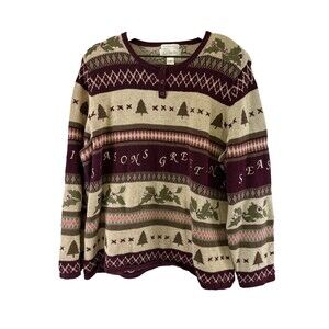 CJ Banks Holiday Sweater Seasons Greetings Button Pullover Maroon Embroidered 2X